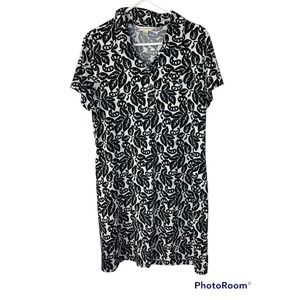 AA Studio Shirt Dress Black White Paisley Leaf Stretchy Cap Sleeve Loose Fit